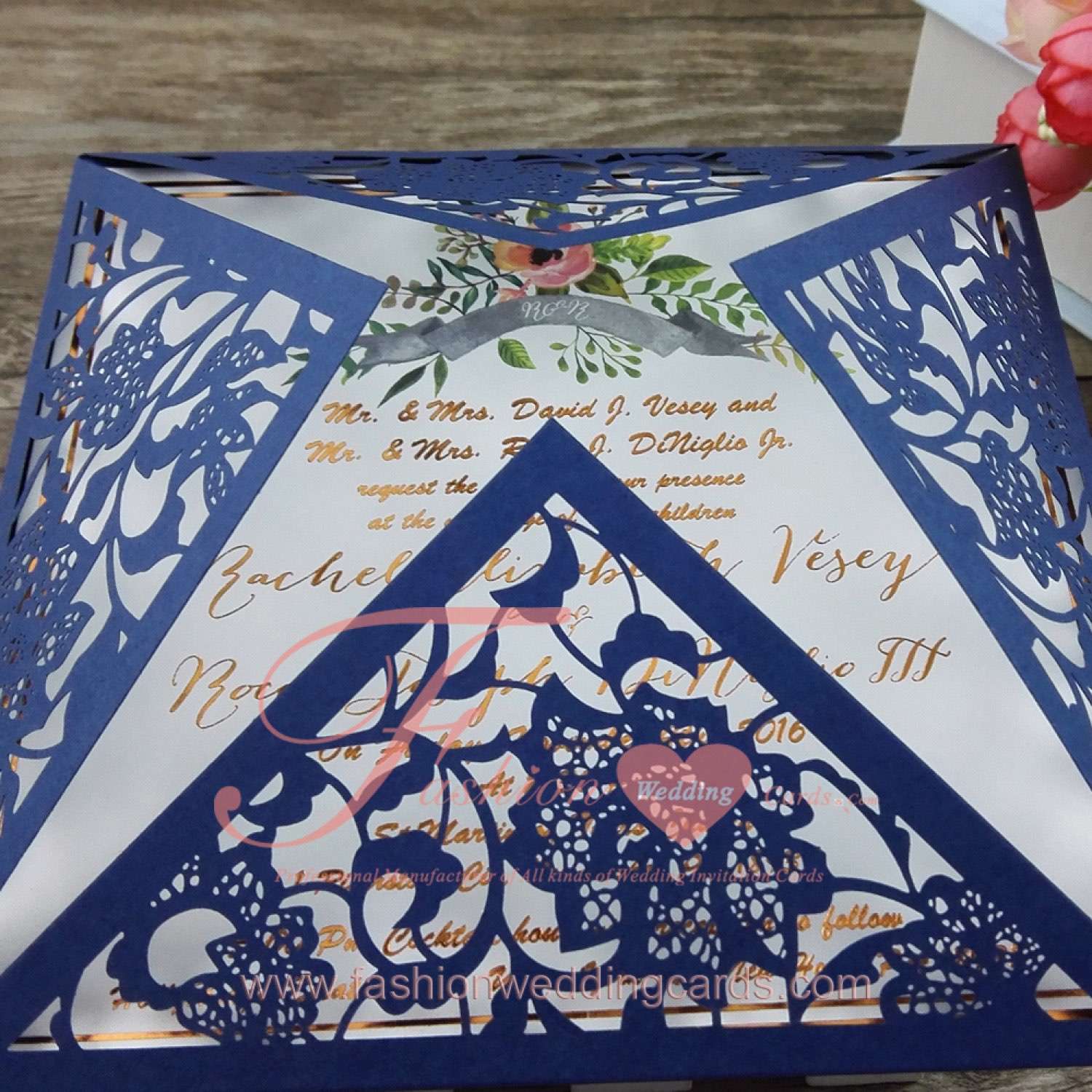 Cheap Navy Blue and White Laser Cut Wedding Invitations
